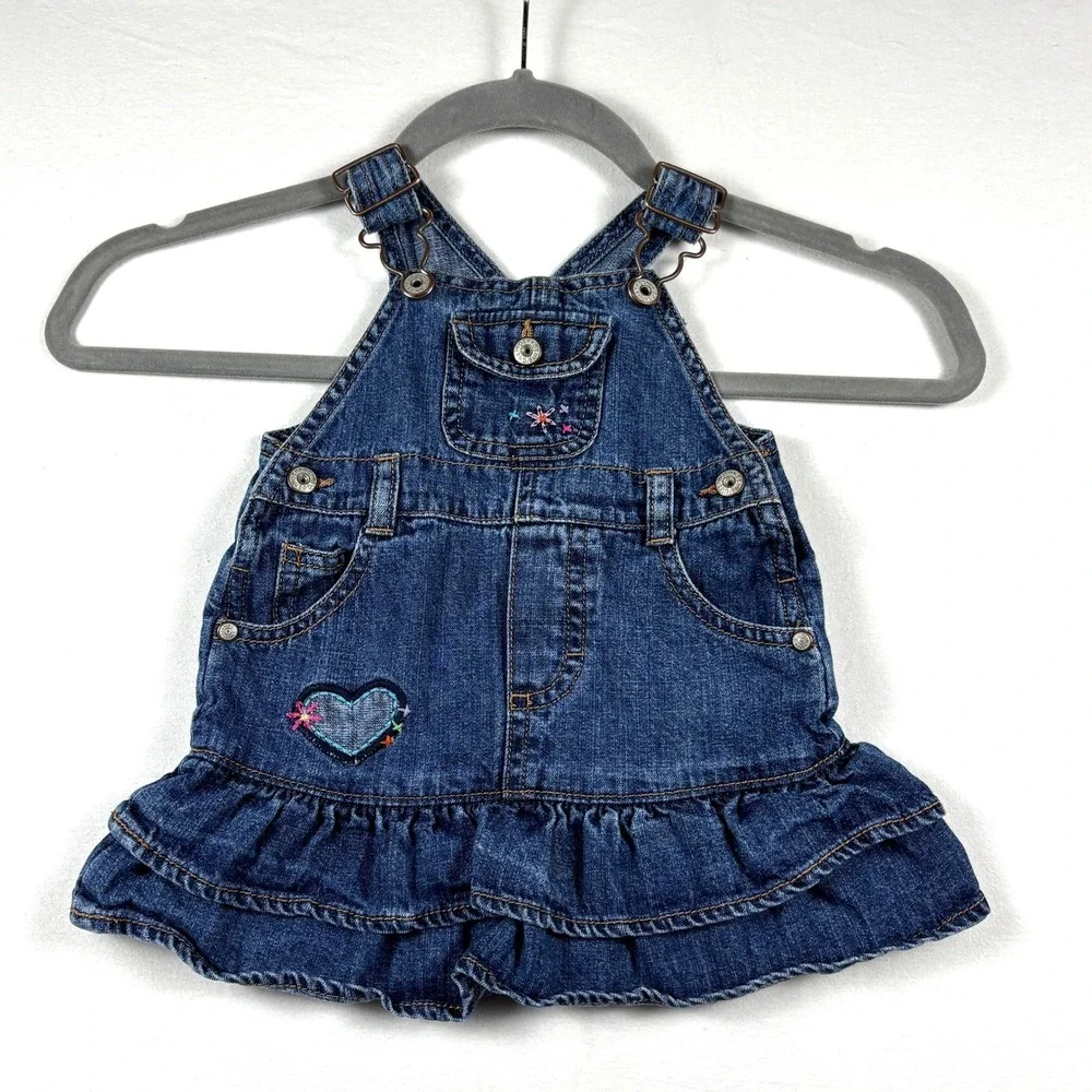 OshKosh‎ B'gosh Denim Overalls Dress Ruffle Heart Flower Baby Girls 12 Months